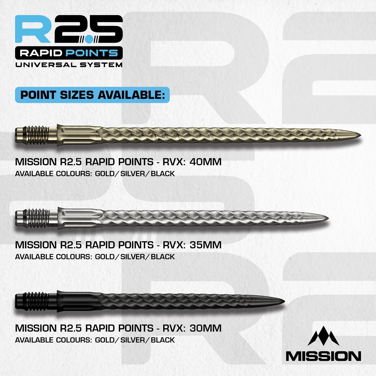 Mission R2.5 Rapid Point RP RVX Silber/Schwarz/Gold 30/35/40 mm Wechselspitzen