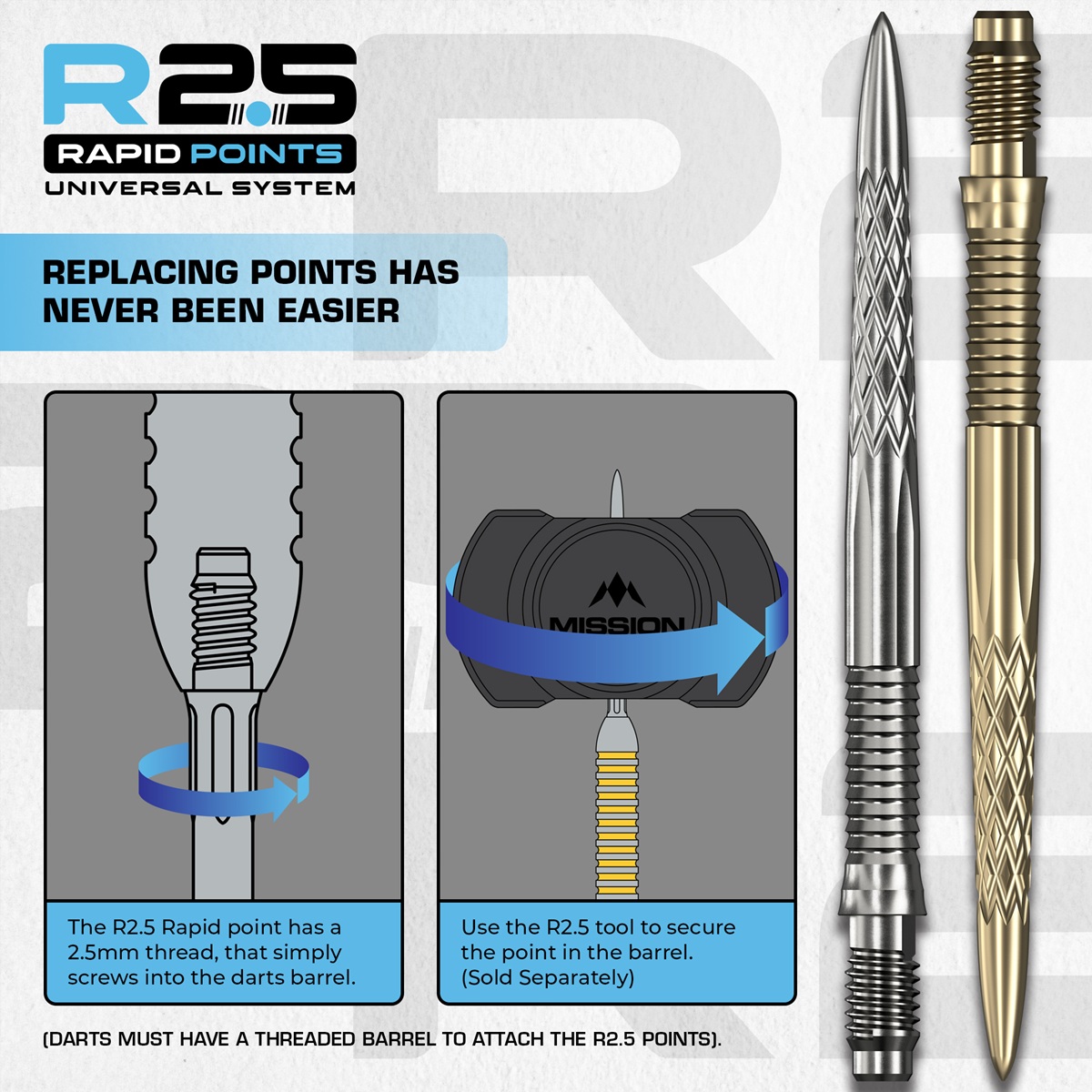 Mission R2.5 Rapid Point RP DSX Silber/Schwarz/Gold 30/35/40 mm Wechselspitzen
