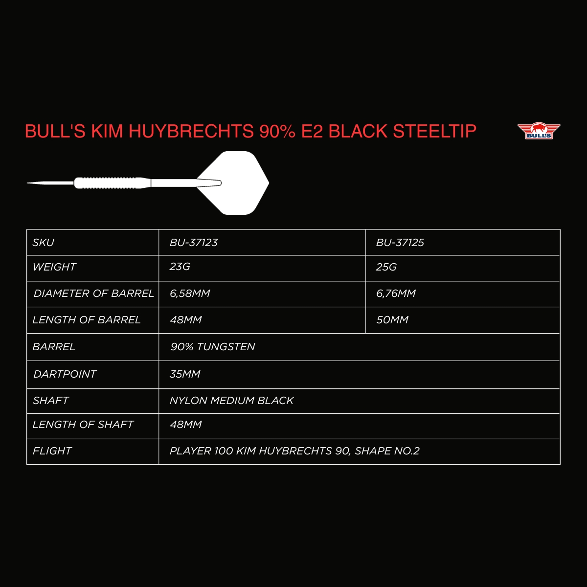 Bull´s Kim Huybrechts E2 Full Black 90% Steeldarts 23/25 Gramm Steeldarts