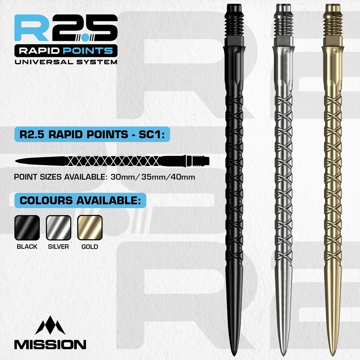 Mission R2.5 Rapid Point RP SC1 Silber/Schwarz/Gold 30/35/40 mm Wechselspitzen