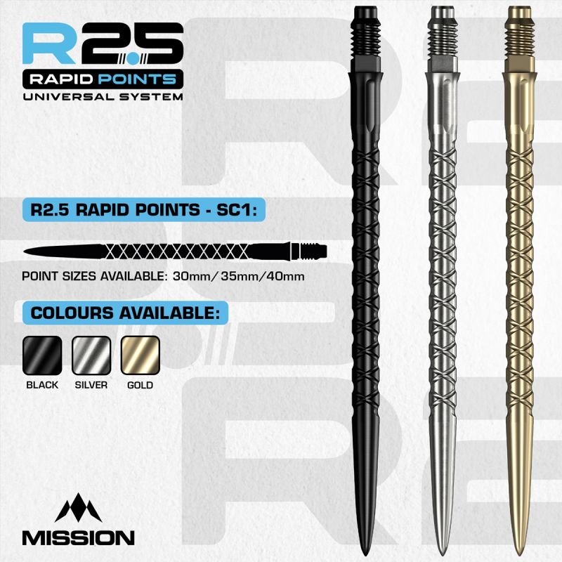 Mission R2.5 Rapid Point RP SC1 Silber/Schwarz/Gold 30/35/40 mm Wechselspitzen