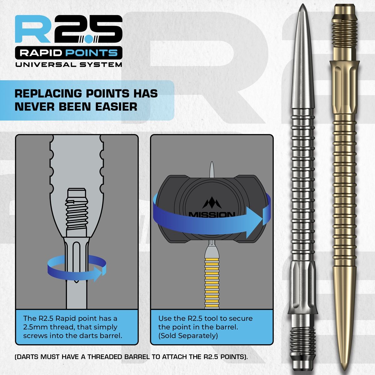 Mission R2.5 Rapid Point RP GV1 Silber/Schwarz/Gold 30/35/40 mm Wechselspitzen