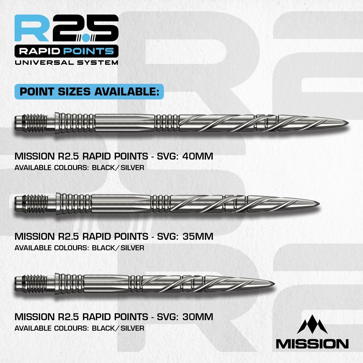 Mission R2.5 Rapid Point RP SGV Silber/Schwarz 30/35/40 mm Wechselspitzen