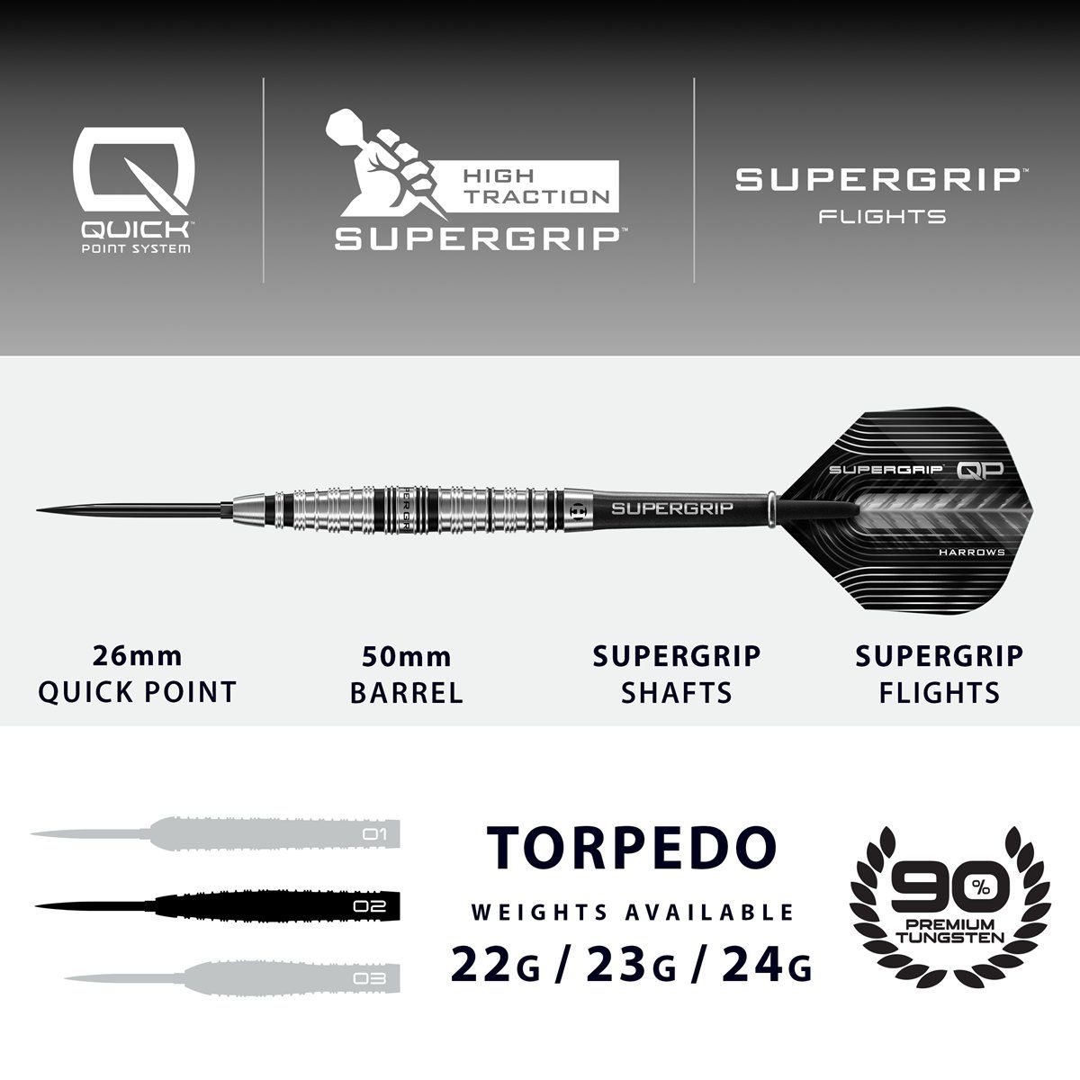 Harrows Supergrip QP Torpedo 90% Steeldarts 22/23/24 Gramm Steeldarts