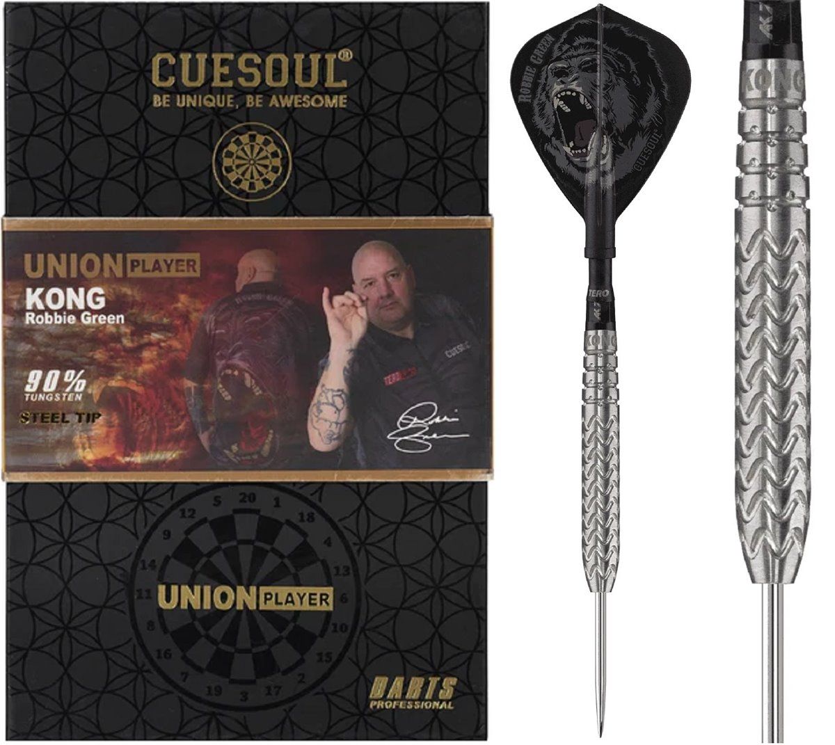Cuesoul Steeldarts KONG Robbie Green + TERO Flights 22 Gramm 90% Tungsten Steeldarts