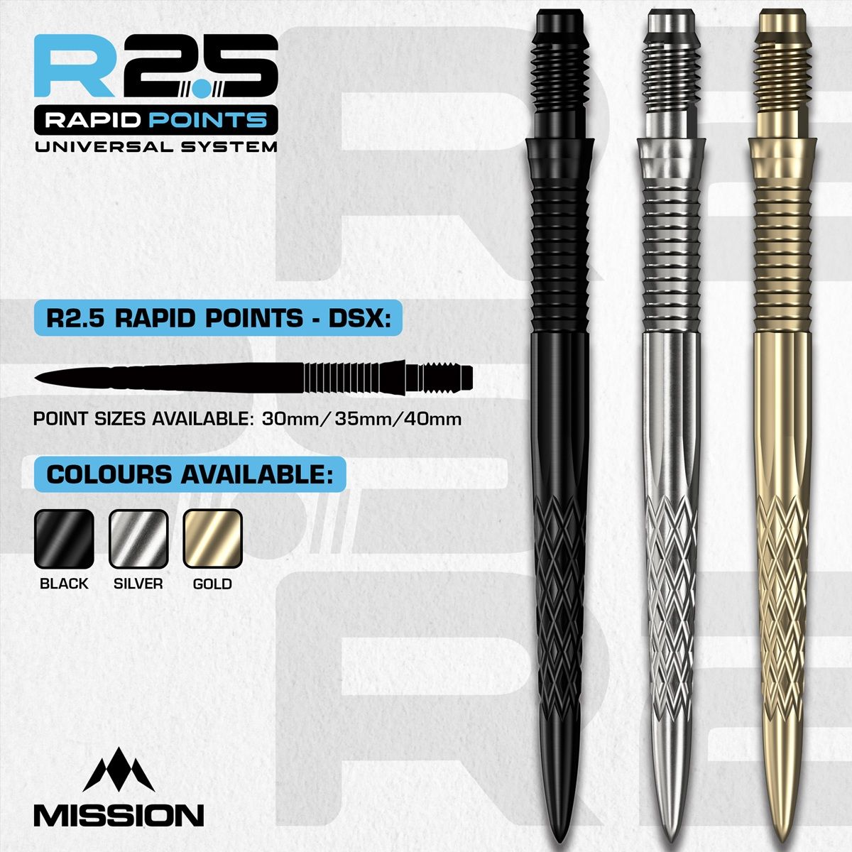 Mission R2.5 Rapid Point RP DSX Silber/Schwarz/Gold 30/35/40 mm Wechselspitzen