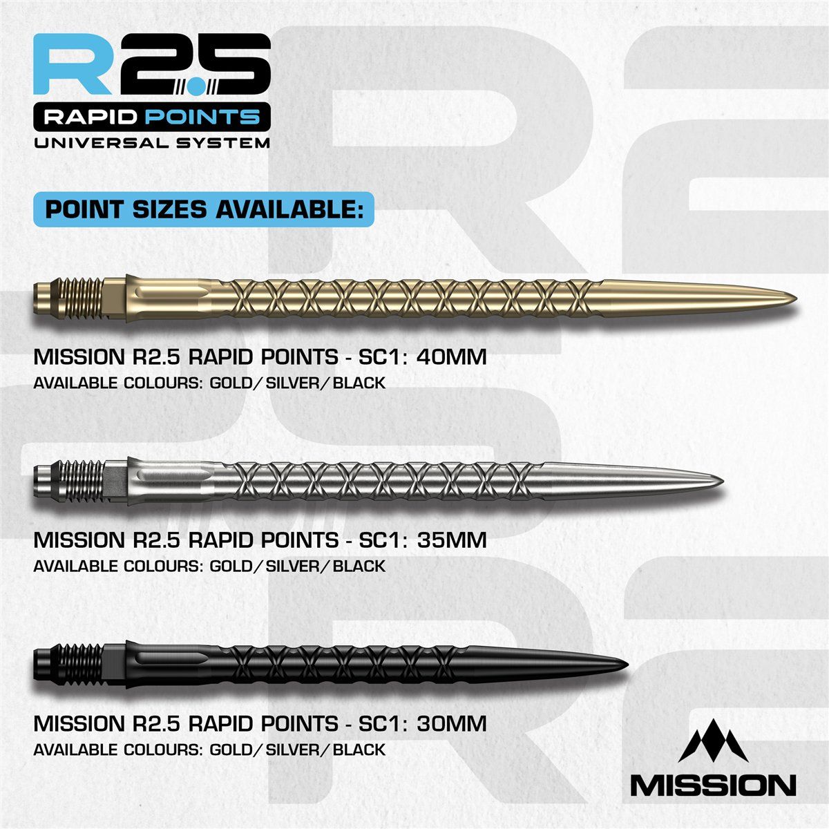 Mission R2.5 Rapid Point RP SC1 Silber/Schwarz/Gold 30/35/40 mm Wechselspitzen