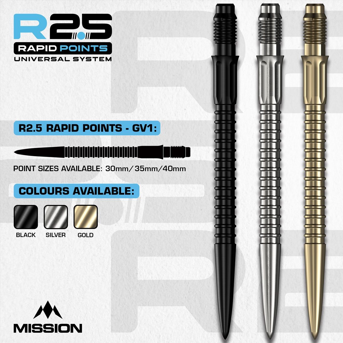 Mission R2.5 Rapid Point RP GV1 Silber/Schwarz/Gold 30/35/40 mm Wechselspitzen