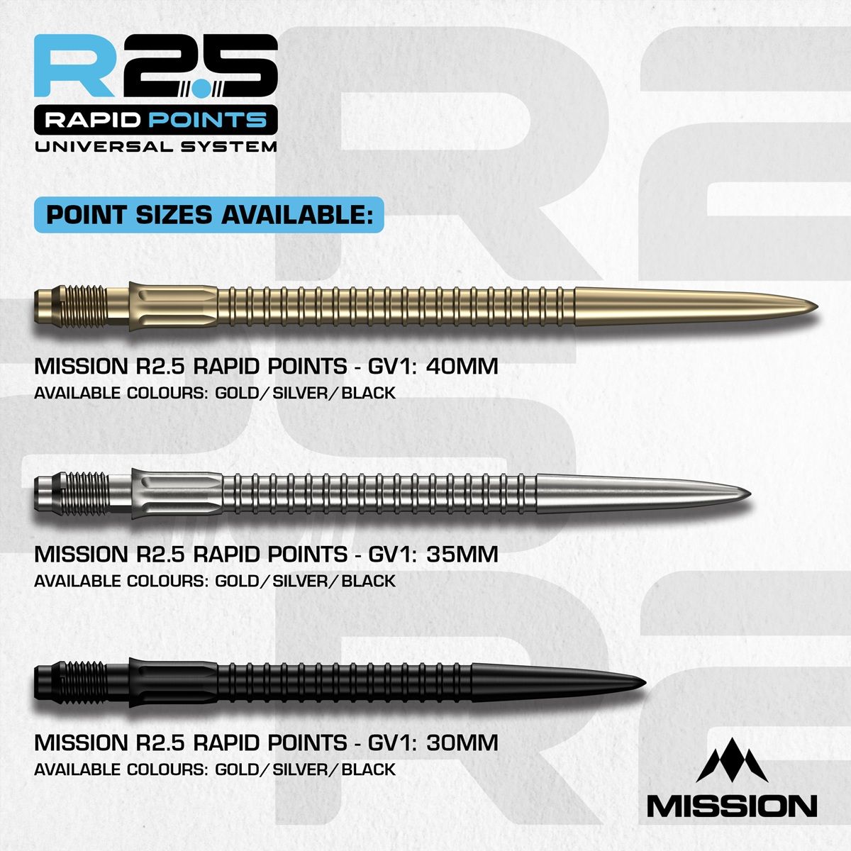 Mission R2.5 Rapid Point RP GV1 Silber/Schwarz/Gold 30/35/40 mm Wechselspitzen