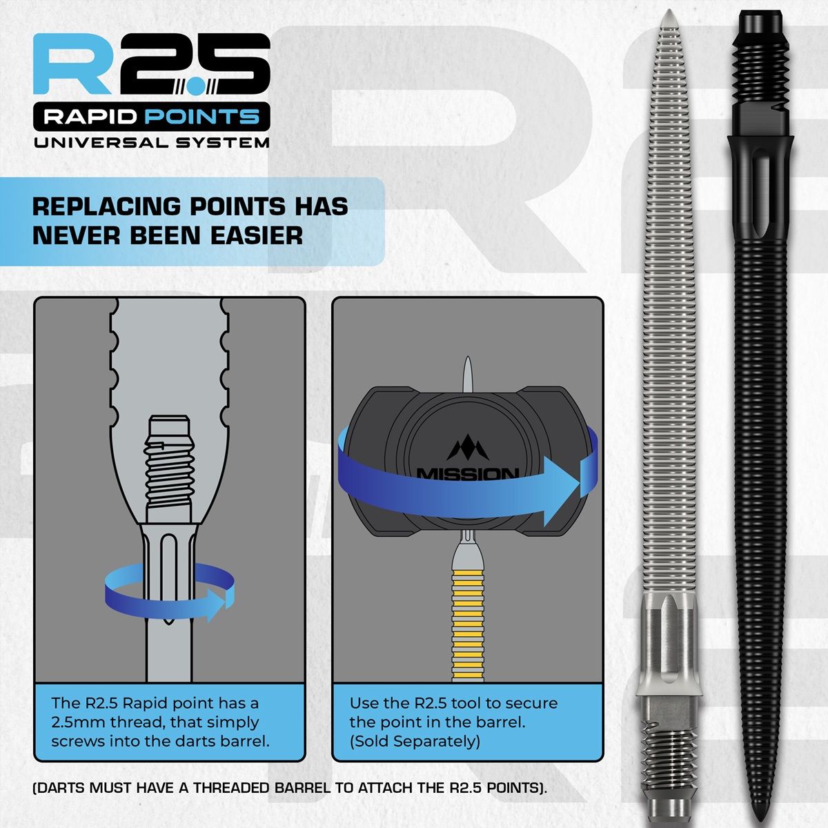 Mission R2.5 Rapid Point RP MG1 Silber/Schwarz/Blau 30/35/40 mm Wechselspitzen
