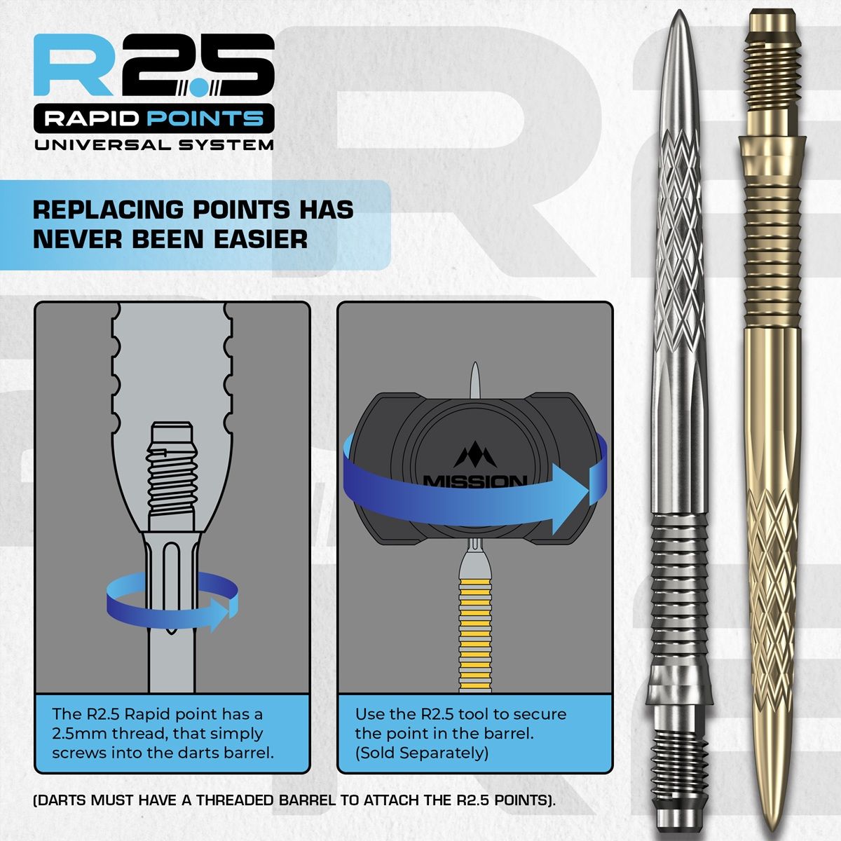 Mission R2.5 Rapid Point RP DSX Silber/Schwarz/Gold 30/35/40 mm Wechselspitzen