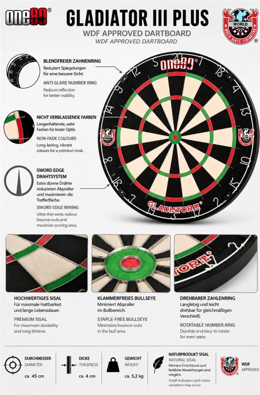 one80 Gladiator III Plus mit WDF Logo Steeldartboard inkl. Aufhängung Bristle Board Dartscheibe