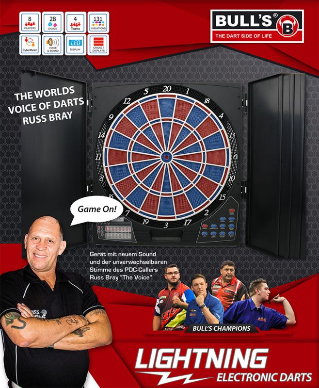 BULL'S Lightning RB Sound Elektronik Dartboard Stimme Russ Bray E-Dartscheibe
