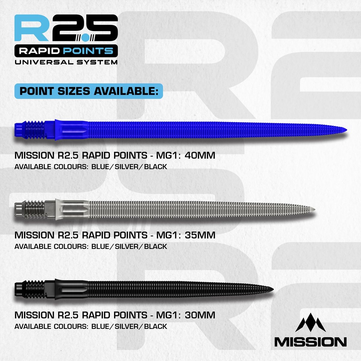 Mission R2.5 Rapid Point RP MG1 Silber/Schwarz/Blau 30/35/40 mm Wechselspitzen